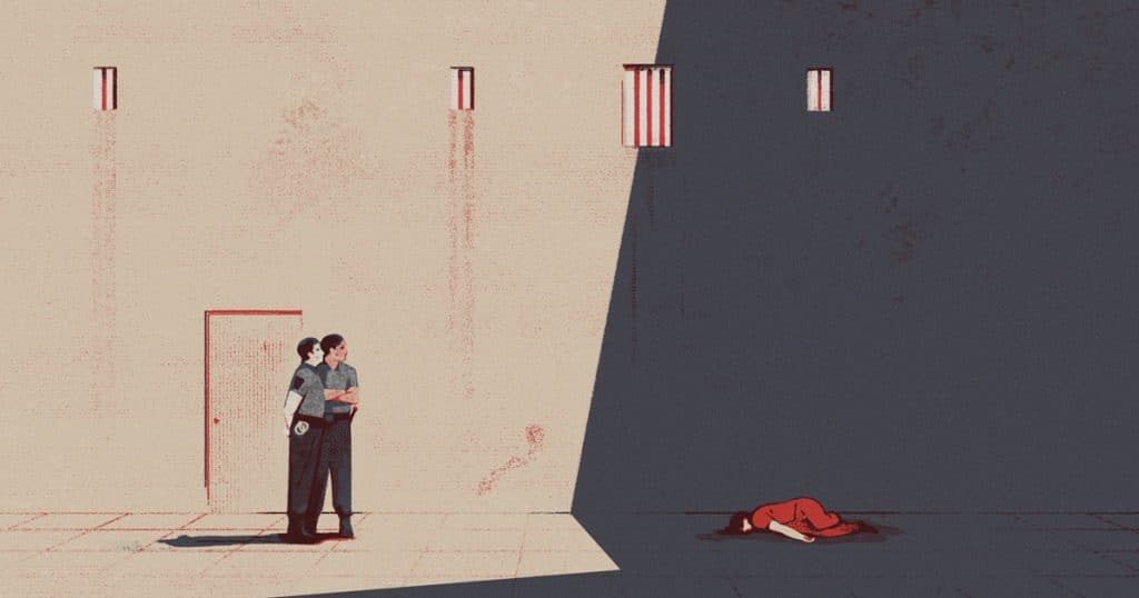 An illustration depicts two correctional officers dressed in gray shirts and black pants standing in front of a beige wall with barred windows high above them. At a distance in shadows lies the body of an incarcerated person wearing an orange prison jumpsuit crumpled on the floor.