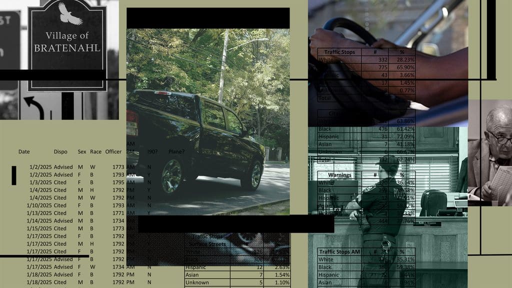 A collage shows, clockwise from top left: a photo of a sign that reads “Village of Bratenahl”; a photo of a truck driving down a tree-lined street; a photo showing the arms of a Black man driving a vehicle; a photo of Bratenahl prosecutor Tom Hanculak, an older White man with glasses; and a photo of a police officer standing at the counter at Mayor’s Court in Bratenahl, Ohio, beside Mayor Keith A. Benjamin’s nameplate. Traffic stop data is overlaid on the photos.